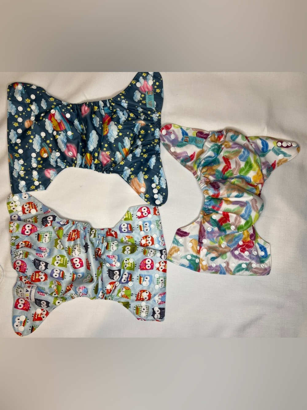 Alva Baby Cloth Diaper Covers Lot Feathers Space & Owl Prints Thirsties Insert - Picture 3 of 4